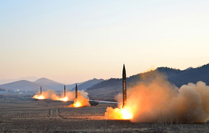 Four ballistic missiles launched by North Korea into the Sea of Japan last week to demonstrate their strike capability (KCNA)